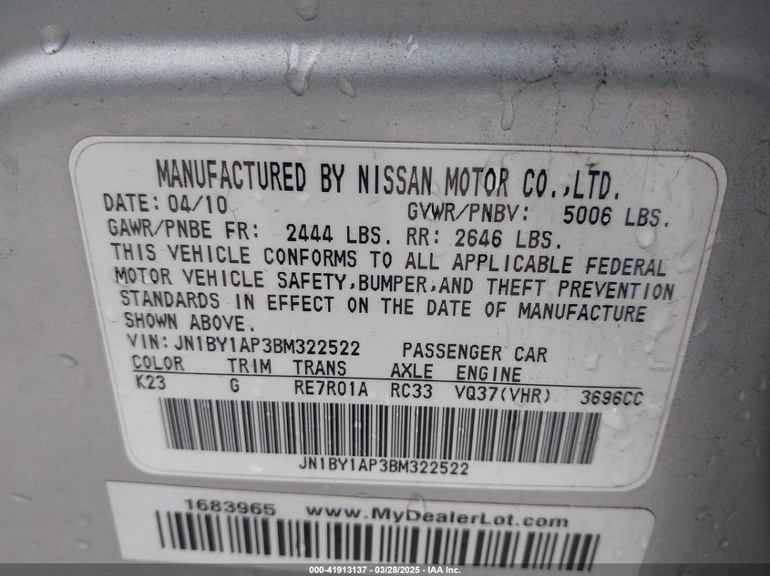 2011 INFINITI M37 VIN: JN1BY1AP3BM322522