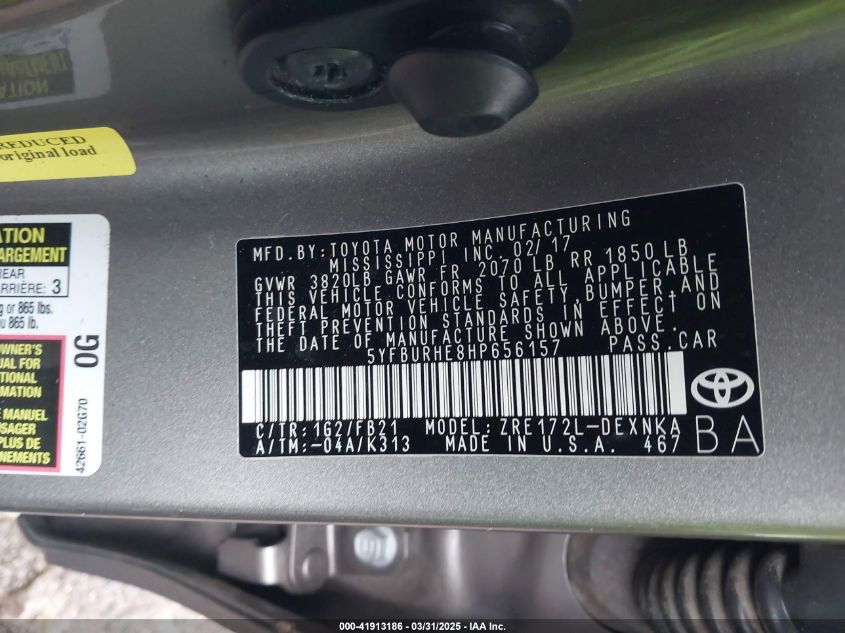 2017 Toyota Corolla Le VIN: 5YFBURHE8HP656157 Lot: 41913186