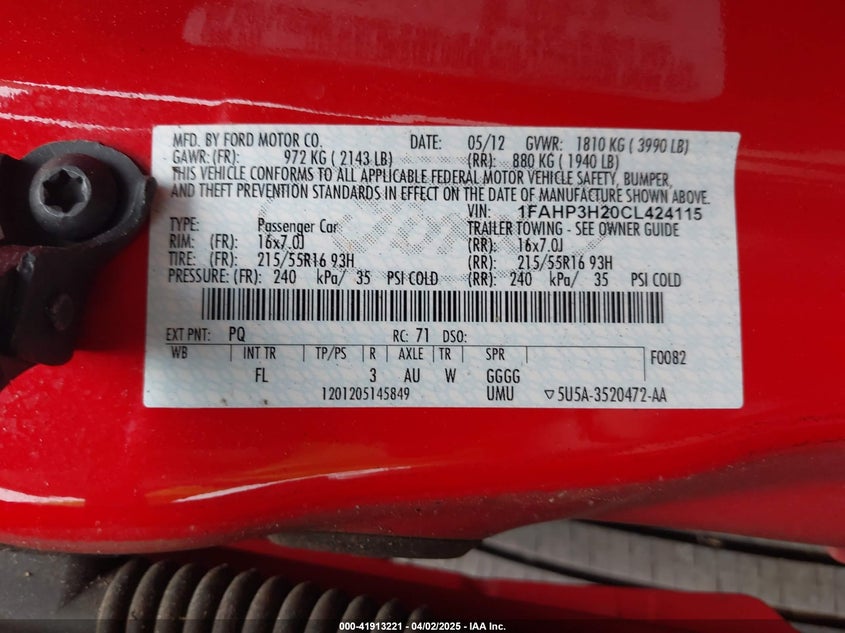 2012 FORD FOCUS VIN: 1FAHP3H20CL424115