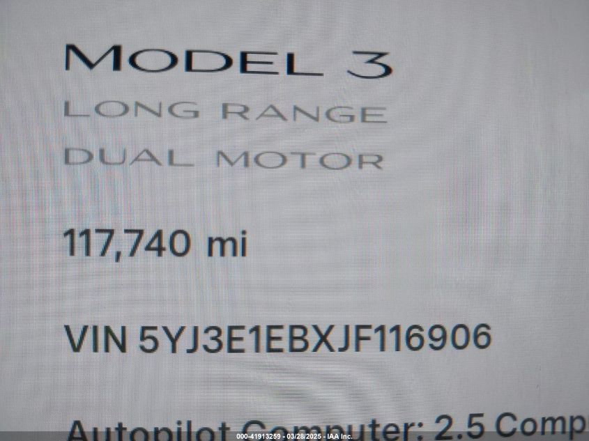 2018 Tesla Model 3 Long Range/Performance VIN: 5YJ3E1EBXJF116906 Lot: 41913259