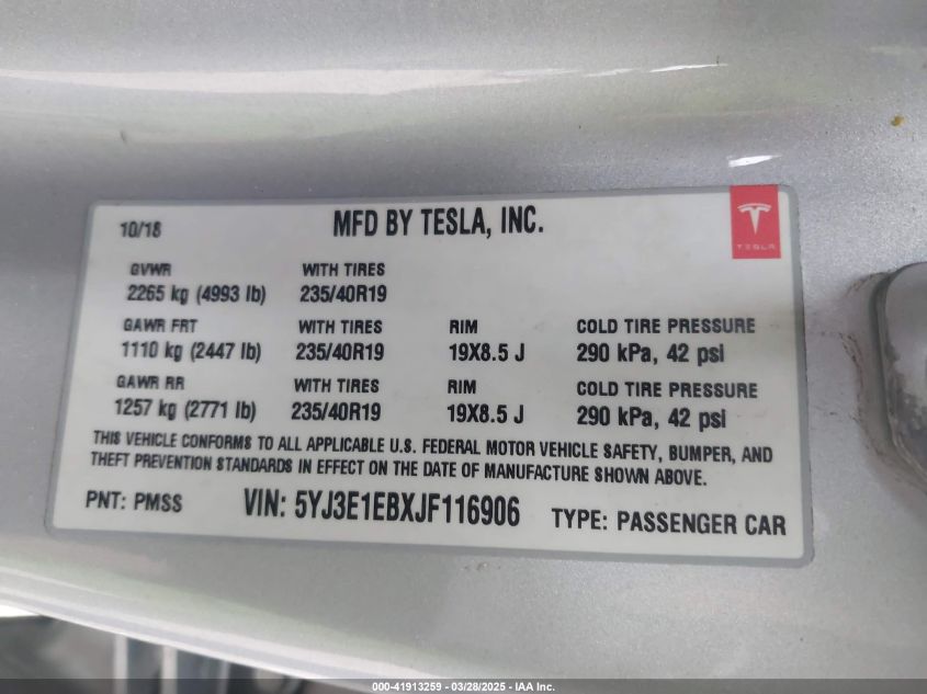 2018 Tesla Model 3 Long Range/Performance VIN: 5YJ3E1EBXJF116906 Lot: 41913259