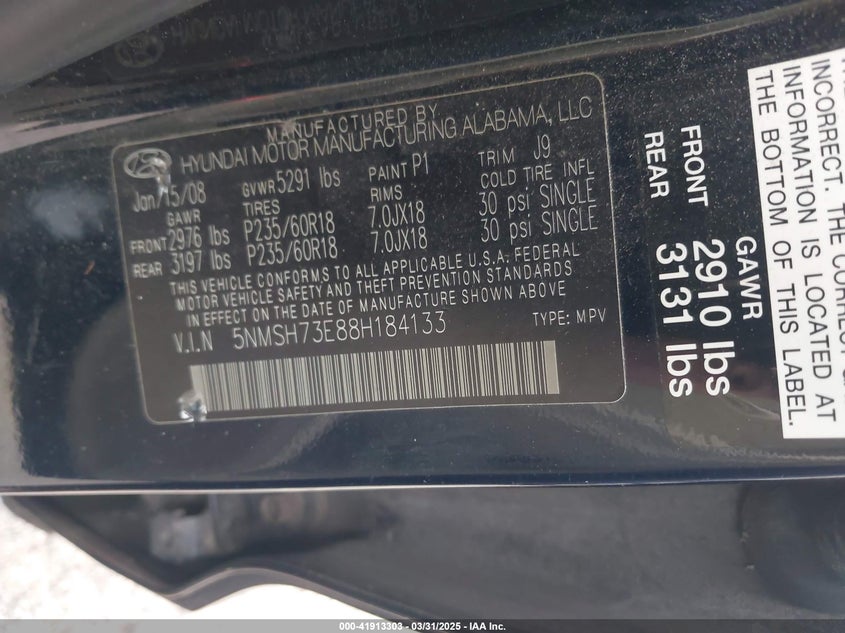2008 HYUNDAI SANTA FE VIN: 5NMSH73E88H184133