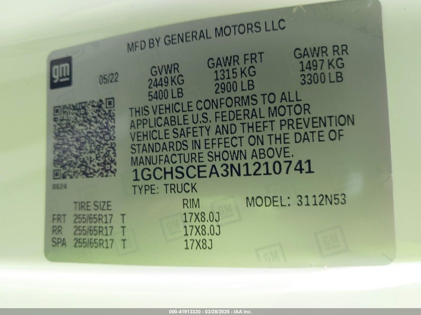 2022 CHEVROLET COLORADO VIN: 1GCHSCEA3N1210741