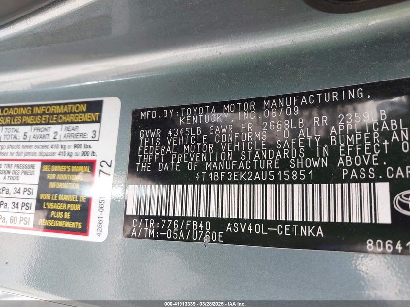 2010 TOYOTA CAMRY VIN: 4T1BF3EK2AU515851