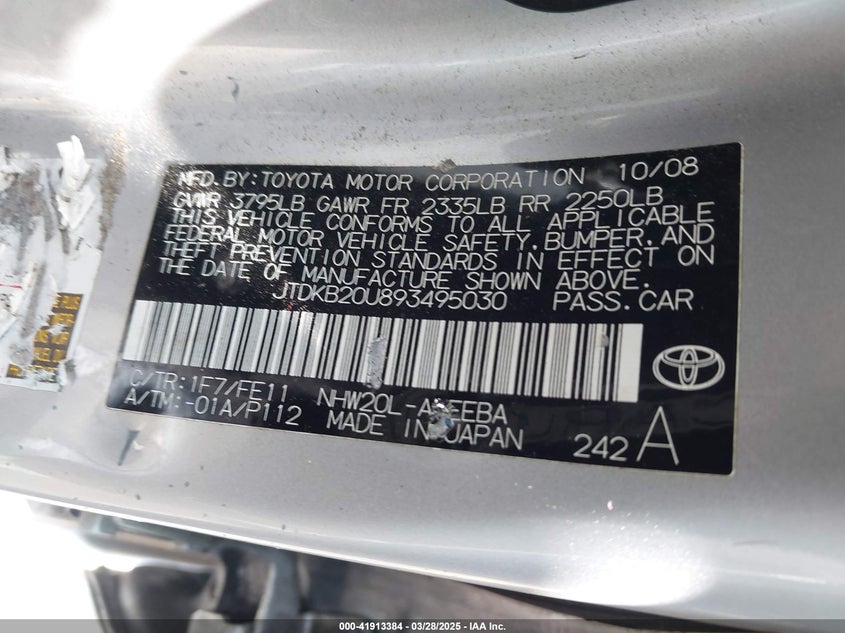 2009 TOYOTA PRIUS VIN: JTDKB20U893495030