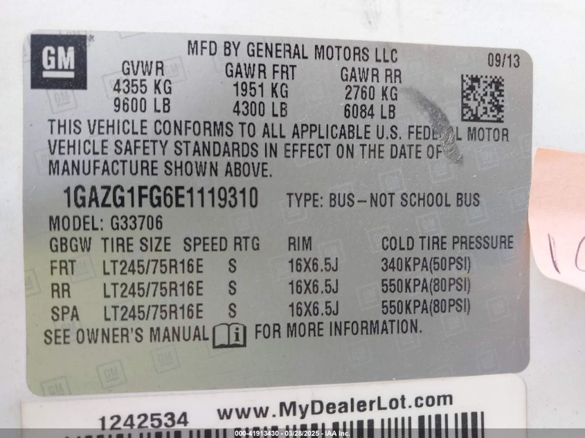 2014 Chevrolet Express 3500 Lt VIN: 1GAZG1FG6E1119310 Lot: 41913430