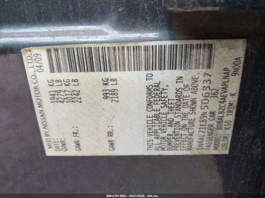 2009 Nissan Altima 2.5 S VIN: 1N4AL21EH9N506537 Lot: 41913593