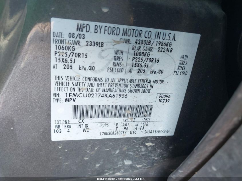 2004 Ford Escape Xls VIN: 1FMCU02174KA61956 Lot: 41913605