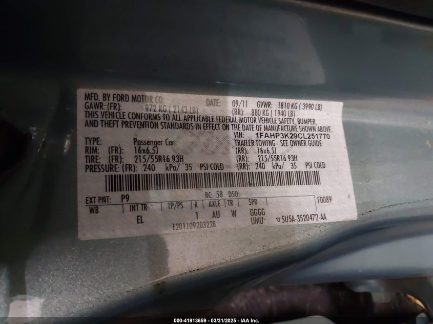 2012 FORD FOCUS VIN: 1FAHP3K29CL251770