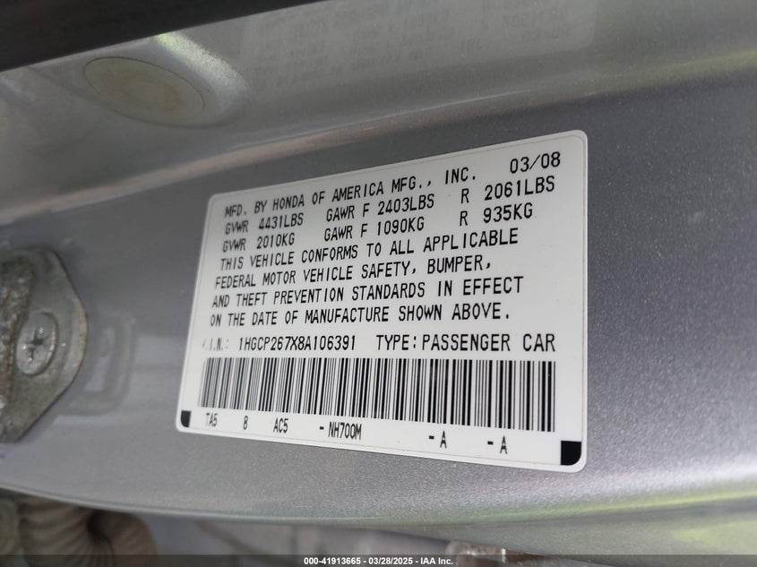 2008 HONDA ACCORD VIN: 1HGCP267X8A106391