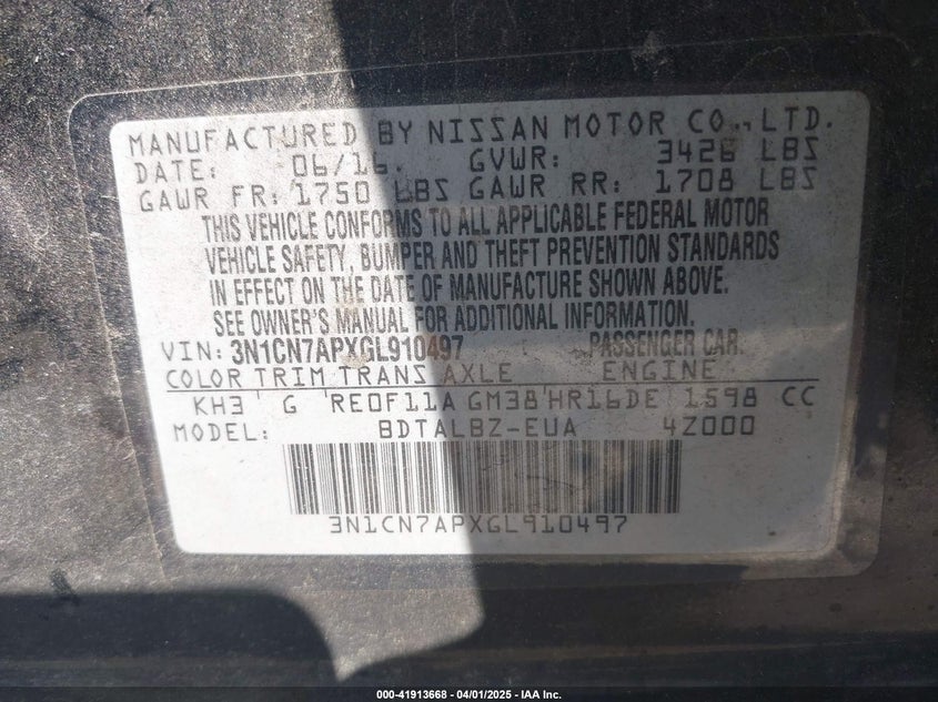 2016 NISSAN VERSA VIN: 3N1CN7APXGL910497