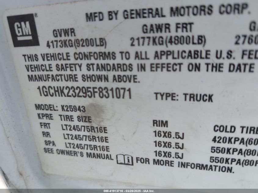 2005 Chevrolet Silverado 2500Hd Ls VIN: 1GCHK23295F831071 Lot: 41913716