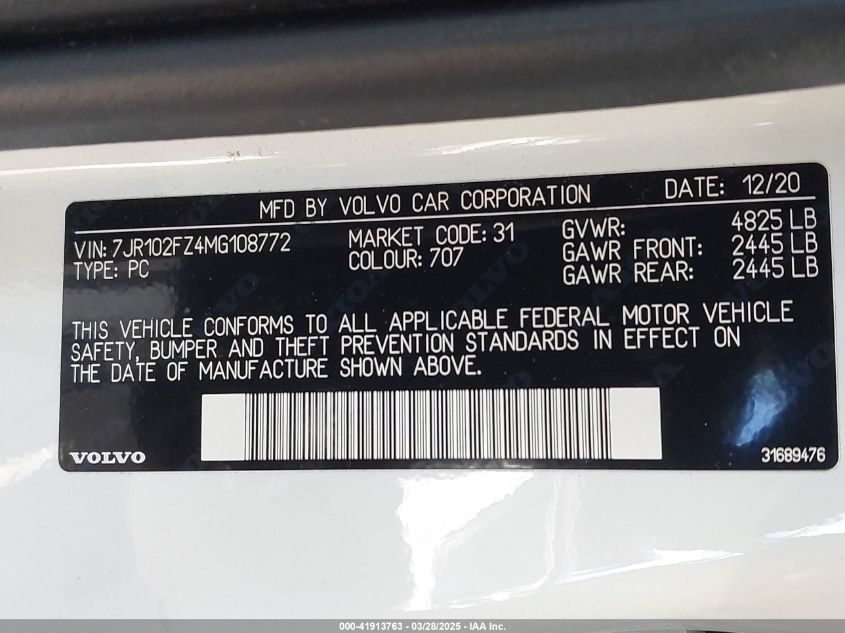 2021 Volvo S60 T5 Momentum VIN: 7JR102FZ4MG108772 Lot: 41913763