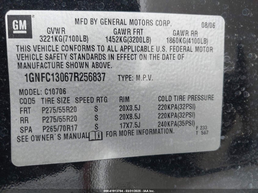 2007 Chevrolet Tahoe Ltz VIN: 1GNFC13067R256837 Lot: 41913784