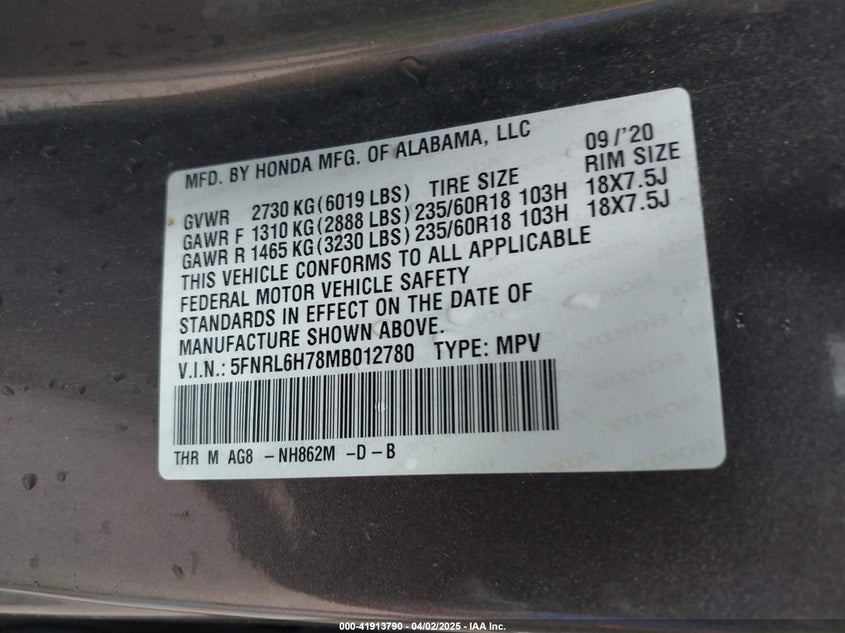 2021 HONDA ODYSSEY VIN: 5FNRL6H78MB012780