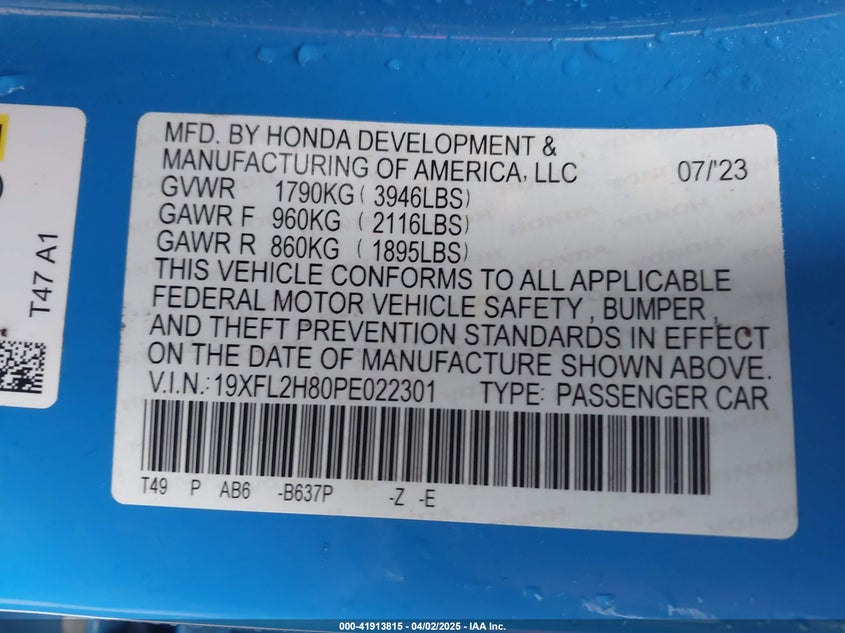 2023 HONDA CIVIC VIN: 19XFL2H80PE022301