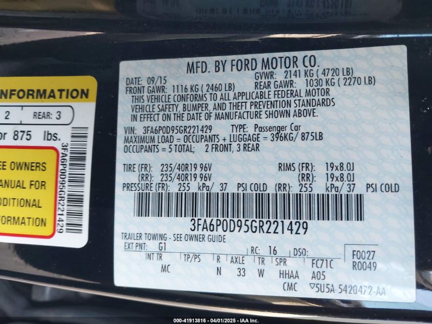 2016 Ford Fusion Titanium VIN: 3FA6P0D95GR221429 Lot: 41913816