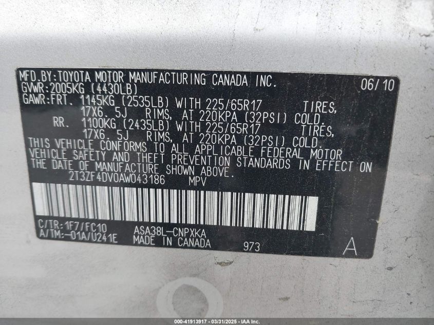 2010 Toyota Rav4 VIN: 2T3ZF4DV0AW043186 Lot: 41913917