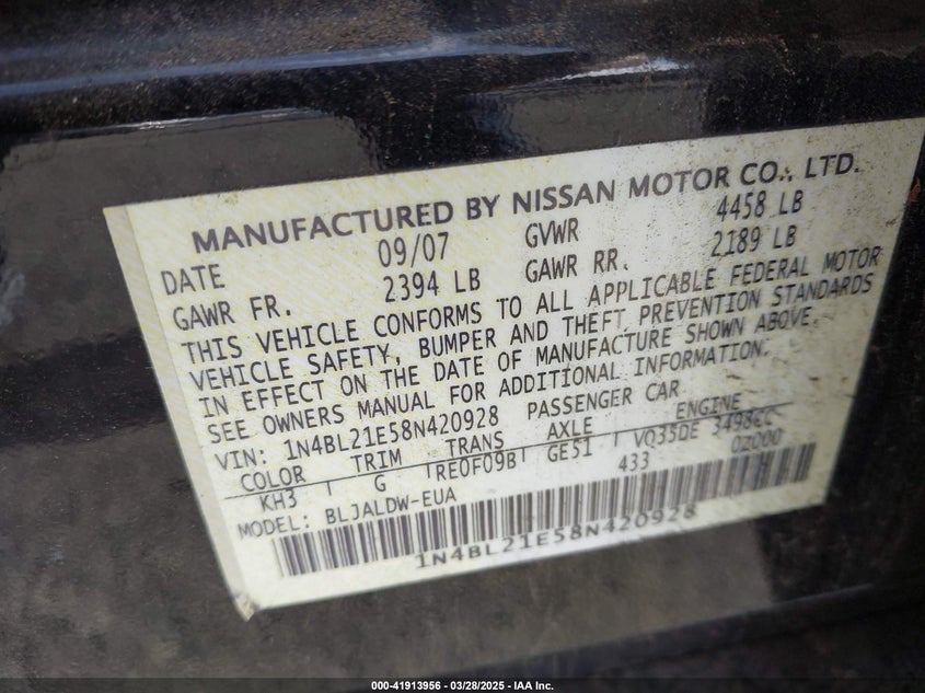 2008 NISSAN ALTIMA VIN: 1N4BL21E58N420928
