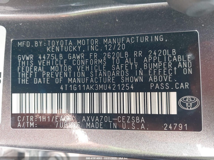 2021 TOYOTA CAMRY VIN: 4T1G11AK3MU421254