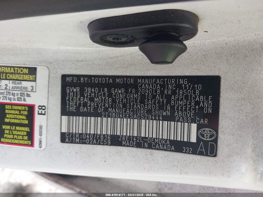 2010 TOYOTA COROLLA VIN: 2T1BU4EE5AC529444