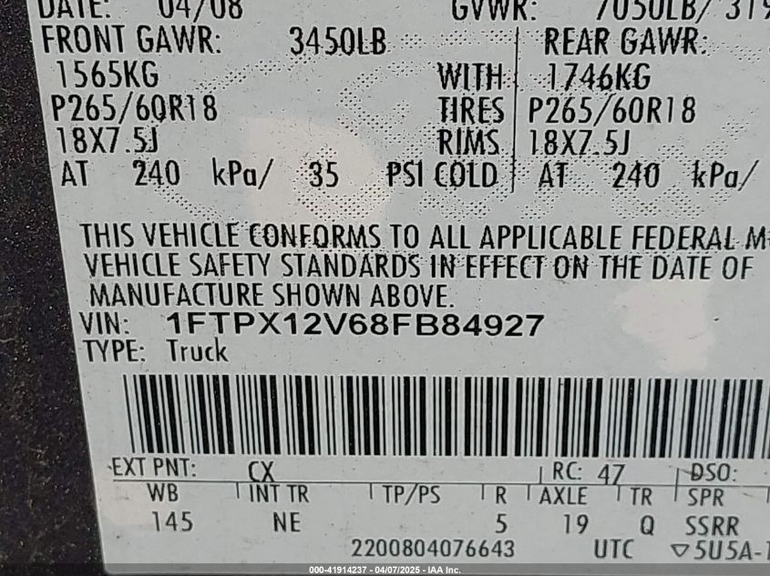 2008 Ford F-150 Fx2/Lariat/Xl/Xlt VIN: 1FTPX12V68FB84927 Lot: 41914237