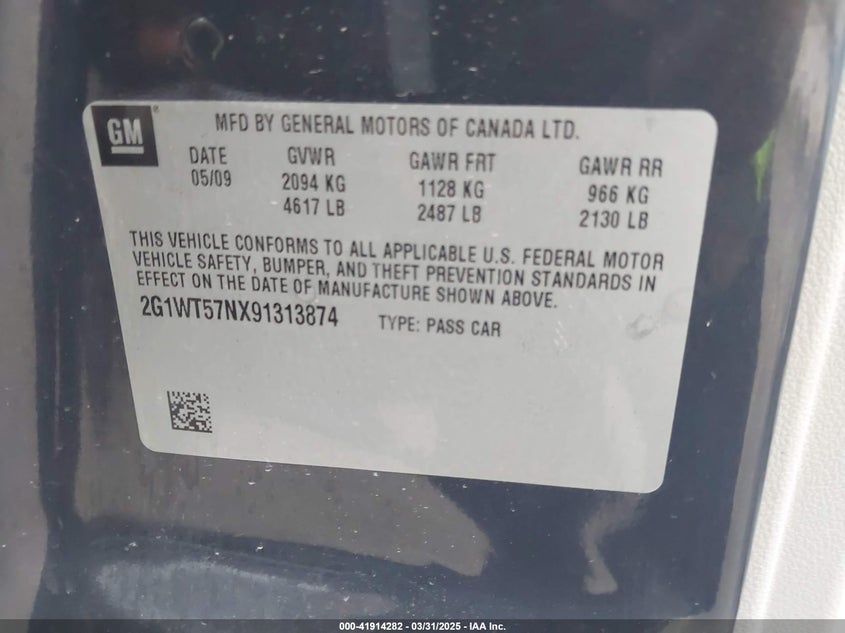 2009 CHEVROLET IMPALA VIN: 2G1WT57NX91313874