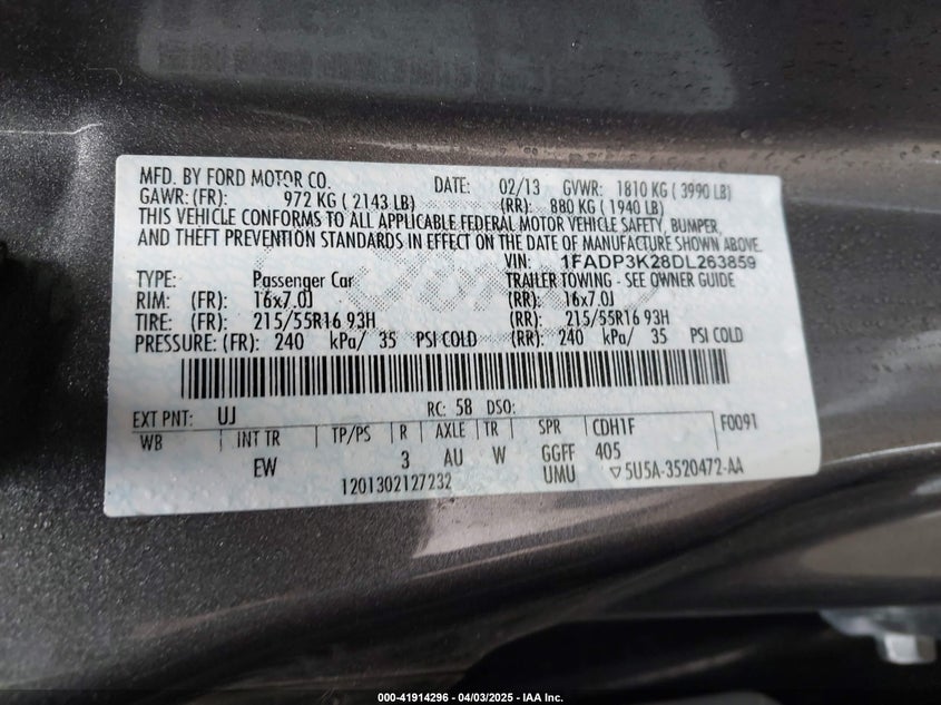 2013 FORD FOCUS VIN: 1FADP3K28DL263859