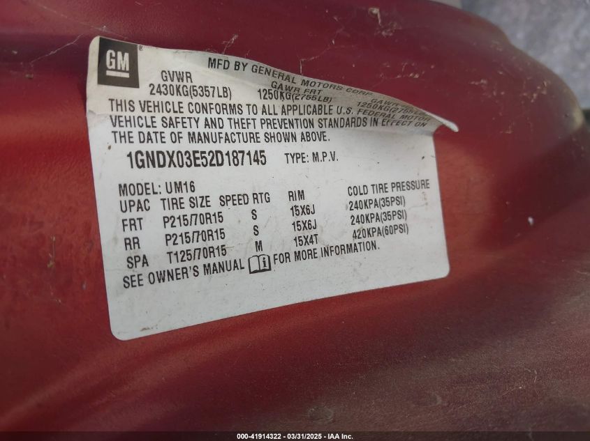 2002 Chevrolet Venture Ls VIN: 1GNDX03E52D187145 Lot: 41914322