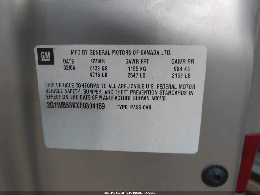 2006 CHEVROLET IMPALA VIN: 2G1WB58KX69304189
