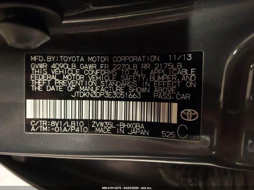 2014 Toyota Prius Plug-In Advanced VIN: JTDKN3DP3E3051663 Lot: 41914375