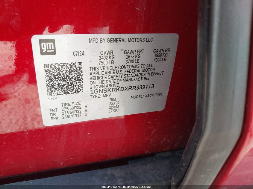 2024 CHEVROLET TAHOE VIN: 1GNSKRKDXRR339713