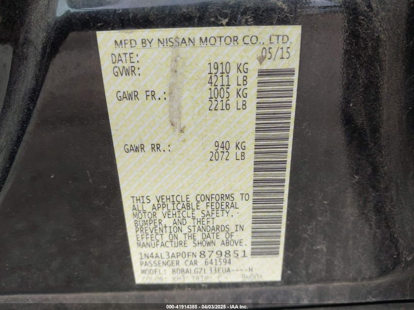 2015 Nissan Altima 2.5 S VIN: 1N4AL3AP0FN879851 Lot: 41914385