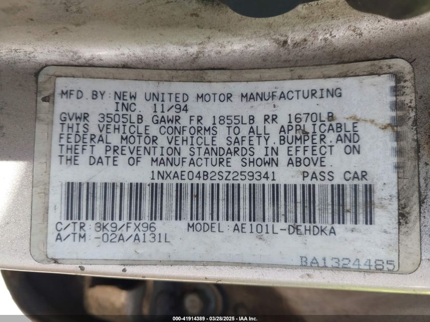 1995 Toyota Corolla VIN: 1NXAE04B2SZ259341 Lot: 41914389