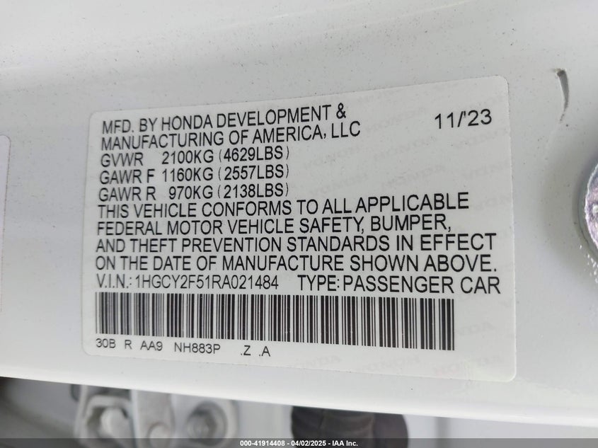 2024 HONDA ACCORD VIN: 1HGCY2F51RA021484