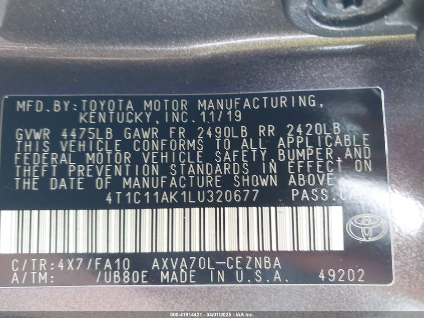 2020 TOYOTA CAMRY VIN: 4T1C11AK1LU320677