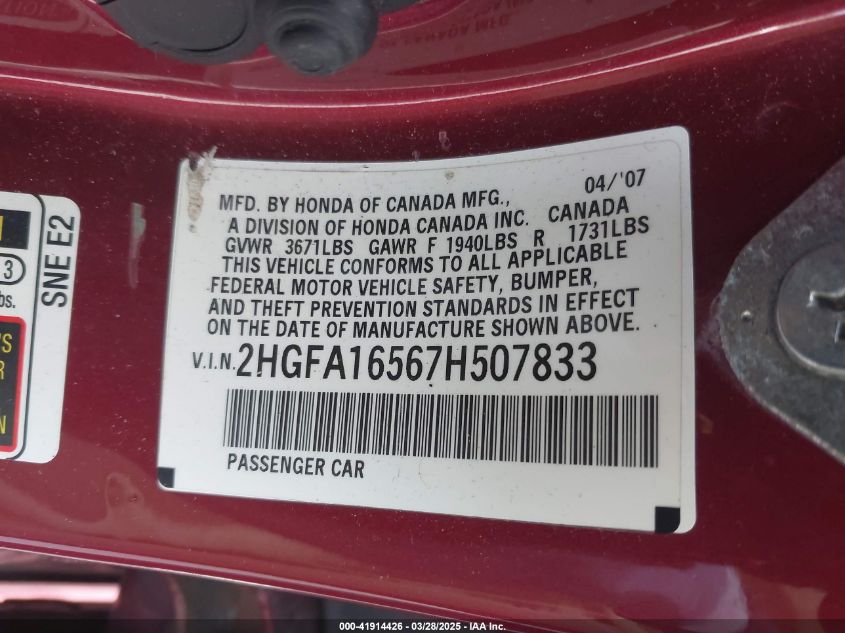 2007 Honda Civic Lx VIN: 2HGFA16567H507833 Lot: 41914426