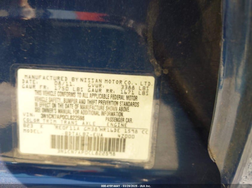 2012 Nissan Versa 1.6 Sv VIN: 3N1CN7AP0CL822598 Lot: 41914441