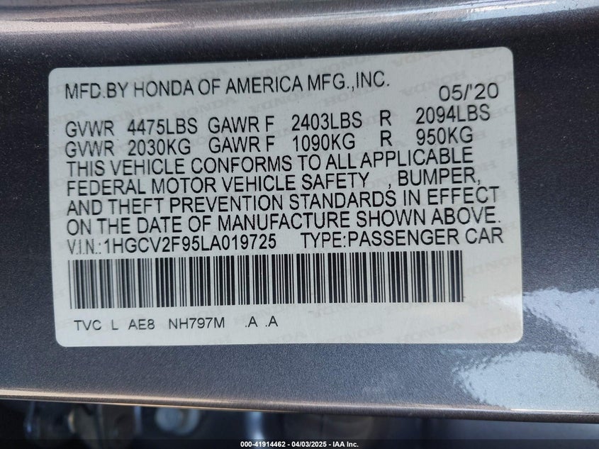 2020 HONDA ACCORD VIN: 1HGCV2F95LA019725
