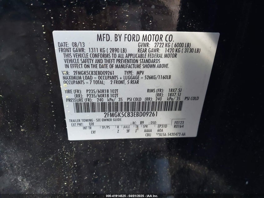2014 FORD FLEX VIN: 2FMGK5C83EBD09261
