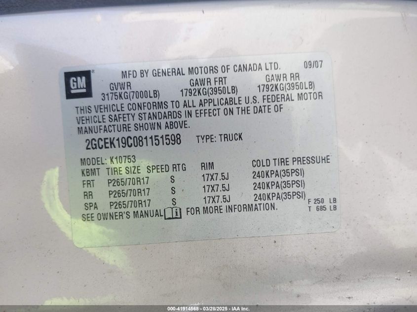 2008 Chevrolet Silverado 1500 Lt1 VIN: 2GCEK19C081151598 Lot: 41914568