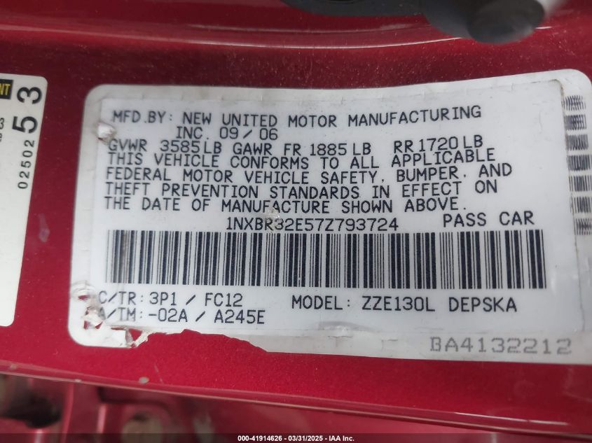 2007 Toyota Corolla S VIN: 1NXBR32E57Z793724 Lot: 41914626