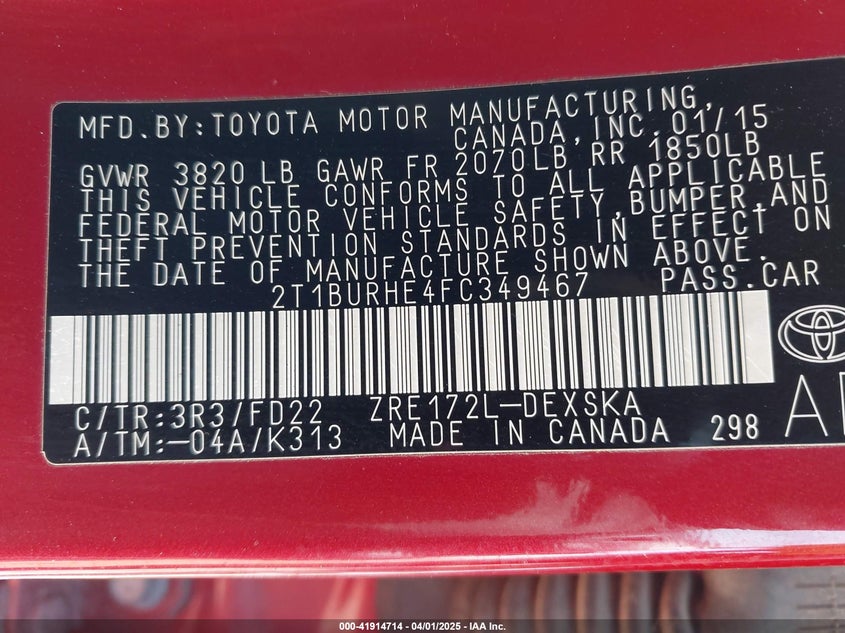 2015 TOYOTA COROLLA VIN: 2T1BURHE4FC349467
