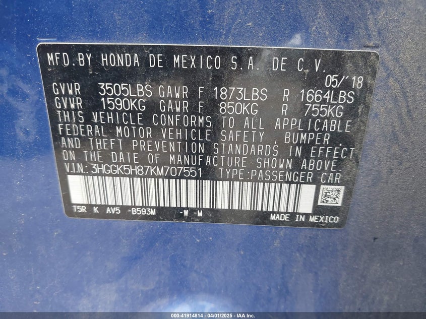 2019 HONDA FIT VIN: 3HGGK5H87KM707551