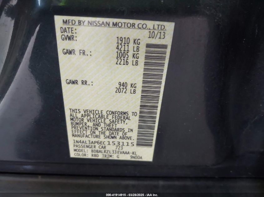 2014 Nissan Altima 2.5 S VIN: 1N4AL3AP6EC153115 Lot: 41914915