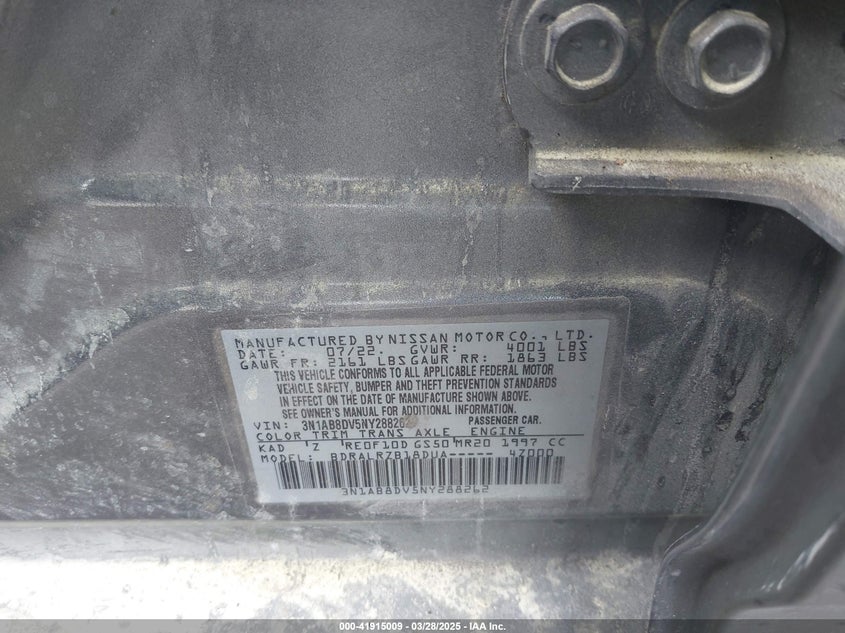 2022 NISSAN SENTRA VIN: 3N1AB8DV5NY288262