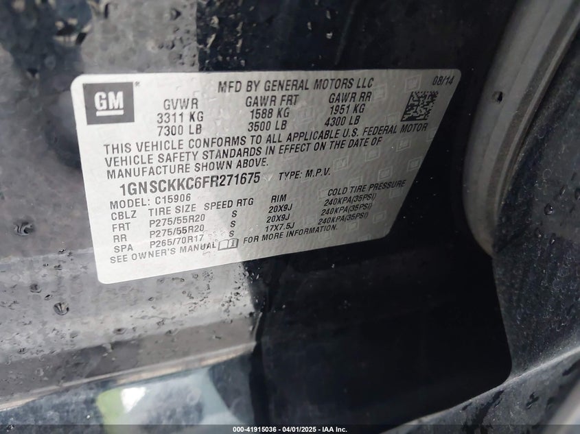 2015 CHEVROLET SUBURBAN 1500 VIN: 1GNSCKKC6FR271675