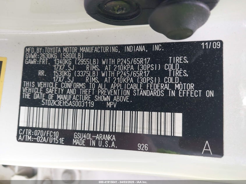 2010 TOYOTA HIGHLANDER VIN: 5TDZK3EH5AS003119