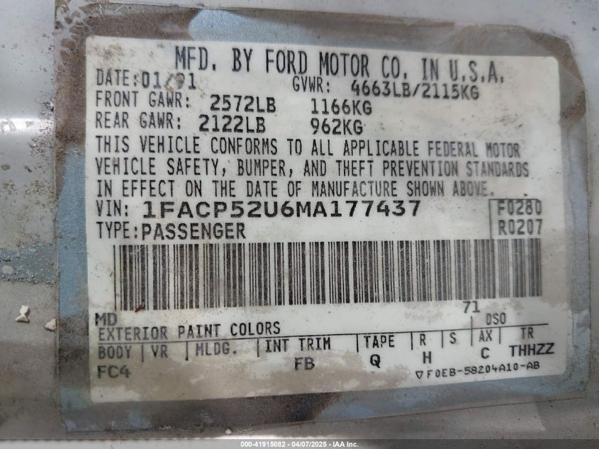 1991 Ford Taurus Gl VIN: 1FACP52U6MA177437 Lot: 41915082