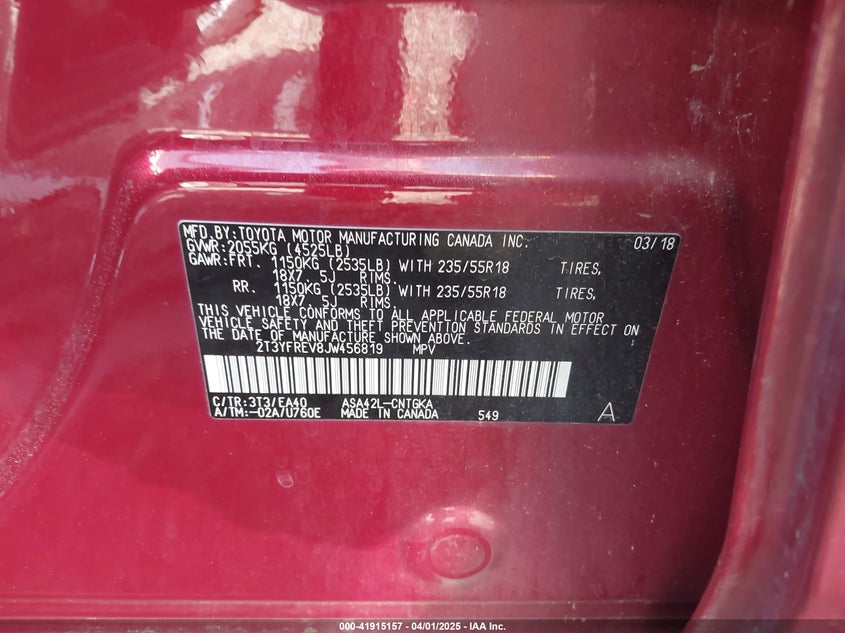 2018 TOYOTA RAV4 VIN: 2T3YFREV8JW456819